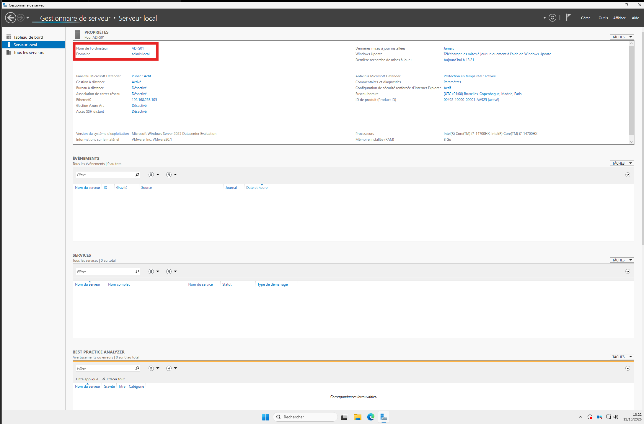 Le serveur Windows utilisé dans le lab