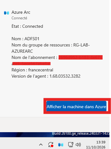 Confirmation de la connexion Azure Arc sur le serveur