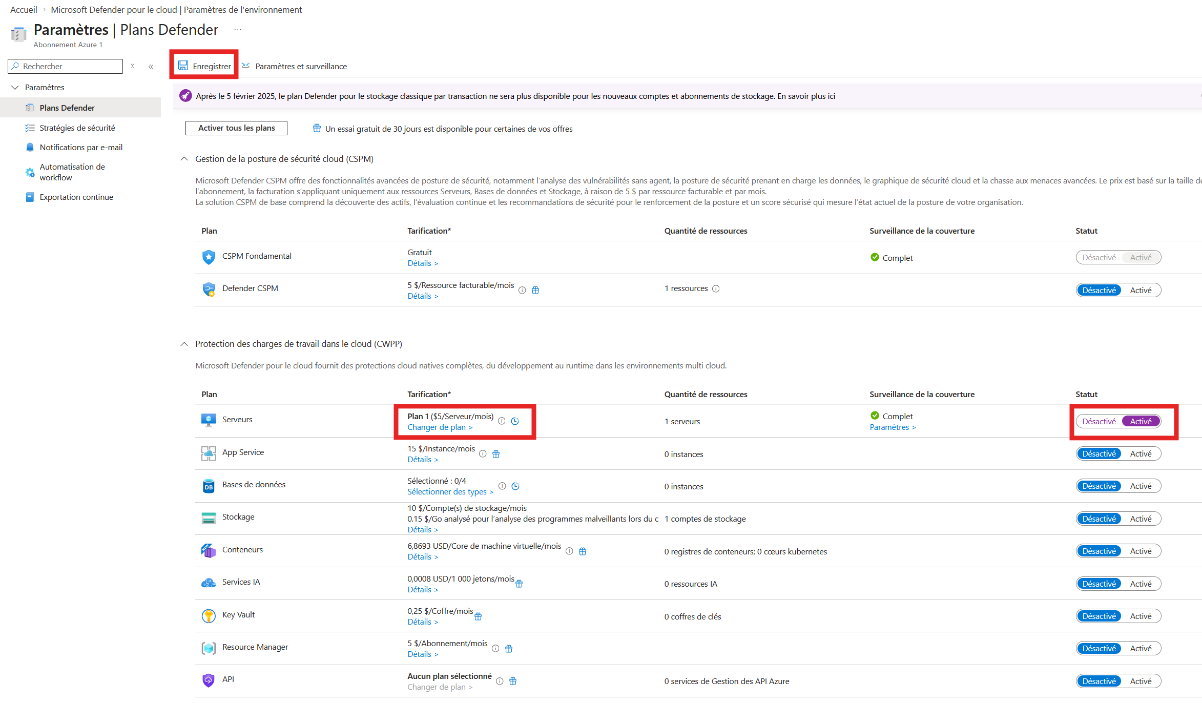 Activation du plan Defender for Servers P1 dans le lab