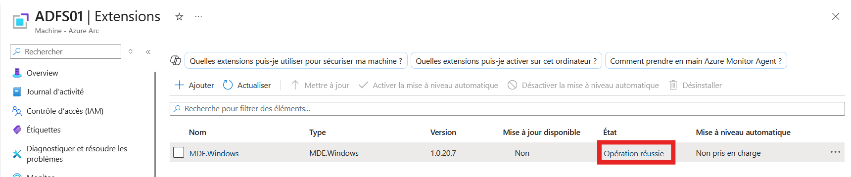 Extension MDE.Windows installée avec succès