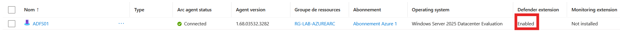 Extension Defender activée sur le serveur Arc