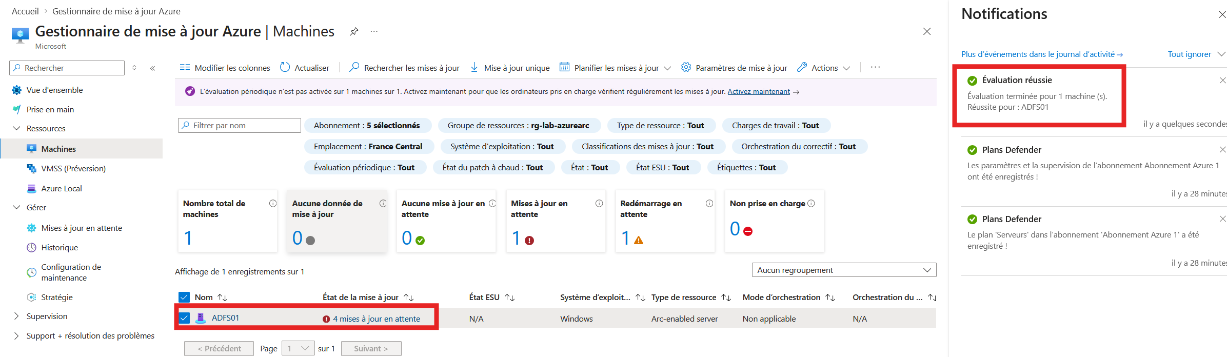 Évaluation réussie et mises à jour disponibles