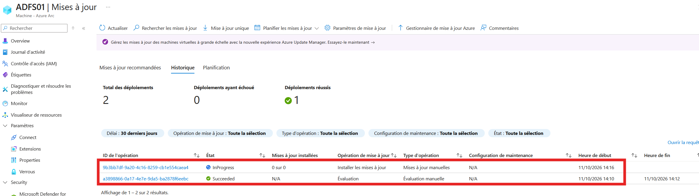 Historique : évaluation terminée et installation en cours