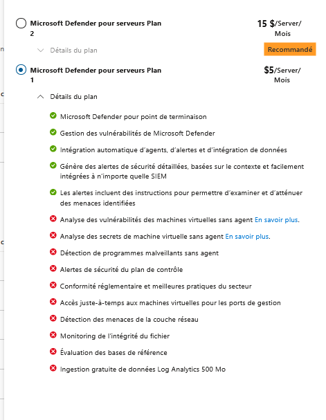 Comparatif des tarifs Defender for Servers P1 et P2 affichés dans le lab : 5 $ et 15 $ par serveur et par mois